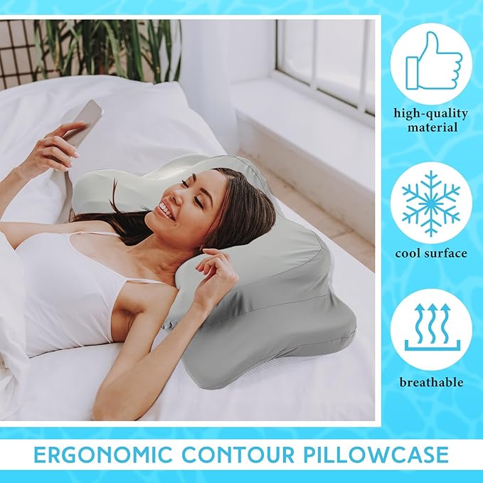 Hahafelt Cooling Cervical Neck Pillowcase Cover (Only Pillow Case) Ergonomic Pillowcase with Zipper Breathable Contour Pillow Cover for Side Back Stomach Sleepers(Gray,Queen Size)