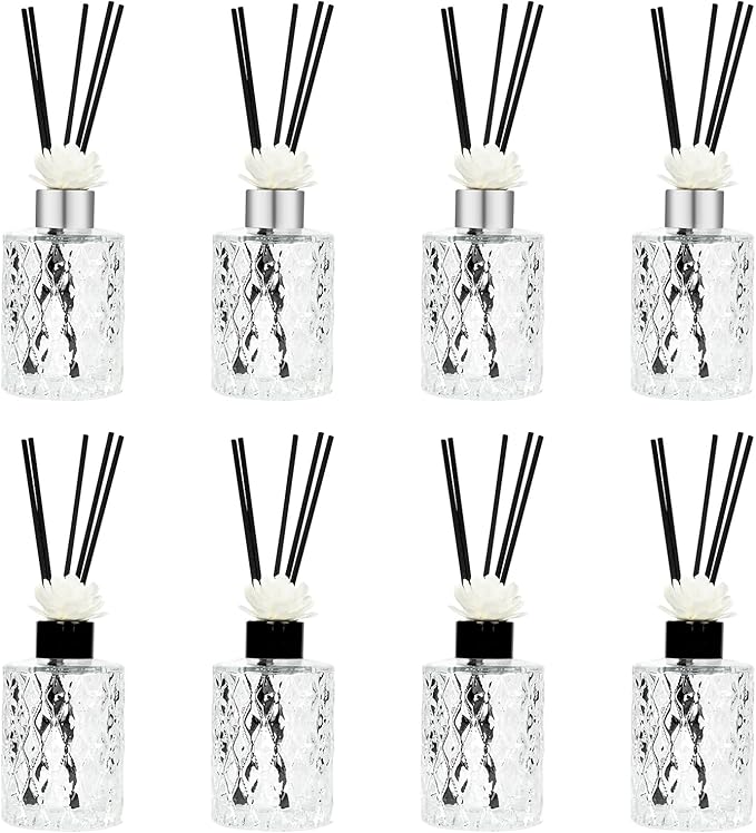 8 Pcs Empty Reed Diffuser Bottle Set, Small Glass Vases with 40Pcs Reed Diffuser Sticks, Refillable Flower Bud Vases for Essential Oil DIY, Home Fragrance, Bulk (Silver & Black)