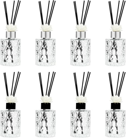 8 Pcs Empty Reed Diffuser Bottle Set, Small Glass Vases with 40Pcs Reed Diffuser Sticks, Refillable Flower Bud Vases for Essential Oil DIY, Home Fragrance, Bulk (Silver & Black)