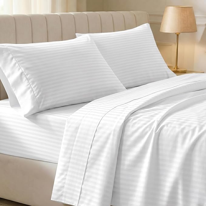 California Design Den Soft 100% Cotton King Sheet Set, 400 TC Good Housekeeping Award Winner, Silky Smooth Sateen Weave with Deep Pockets, Breathable and Durable Cotton Bedding Set - Striped White