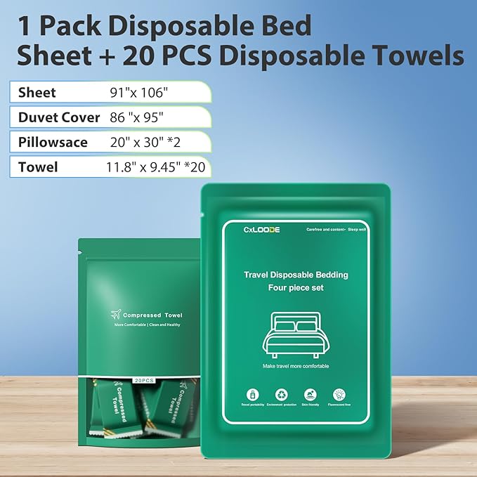 Disposable Bed Sheet for Travel with 20 Pcs Disposable Face Towels, Disposable Bed Sheets with Compressed Towel Table Travel Sheet for Hotel, Cruise, Trip, SPA, Camping