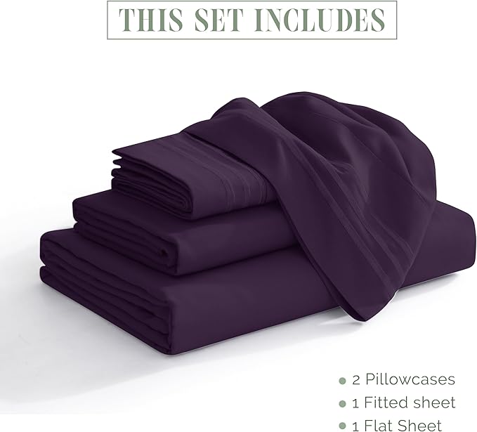 Elegant Comfort Luxurious 1500 Premium Hotel Quality Microfiber 4-Piece Sheet Set, 18-24 Inches Deep - Extra Deep Pocket Sheets - Ultra Soft 4PC Deep Pocket Sheets, Queen, Eggplant-Purple