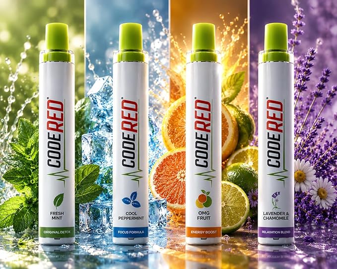 Code Red V-Aid Herbal Diffuser 4-Pack - Fresh Mint, Cool Peppermint, OMG Fruit & Lavender Sticks with Mullein, Thyme, Guarana & Ashwagandha - Plant-Based, Pocket-Sized Reset Ritual - 4 Count