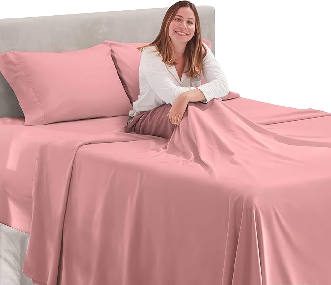 Nestl King Size Sheet Set, 4 Piece Extra Deep Pocket (18-24 inches), Microfiber, Hotel Luxury, Soft, Breathable, Wrinkle-Free, Easy to Care, Pink Clay