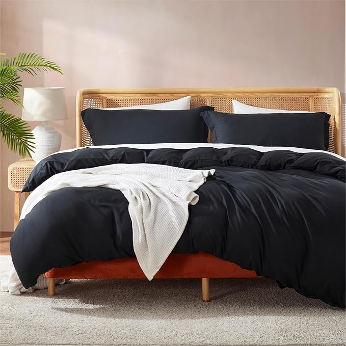 Nestl Full Duvet Cover Set with Comforter Insert - Black 4 Piece 80x90 Duvet Cover & 2 Pillow Shams with White Quilted Down Alternative Comforter, Ultra Soft, All Season