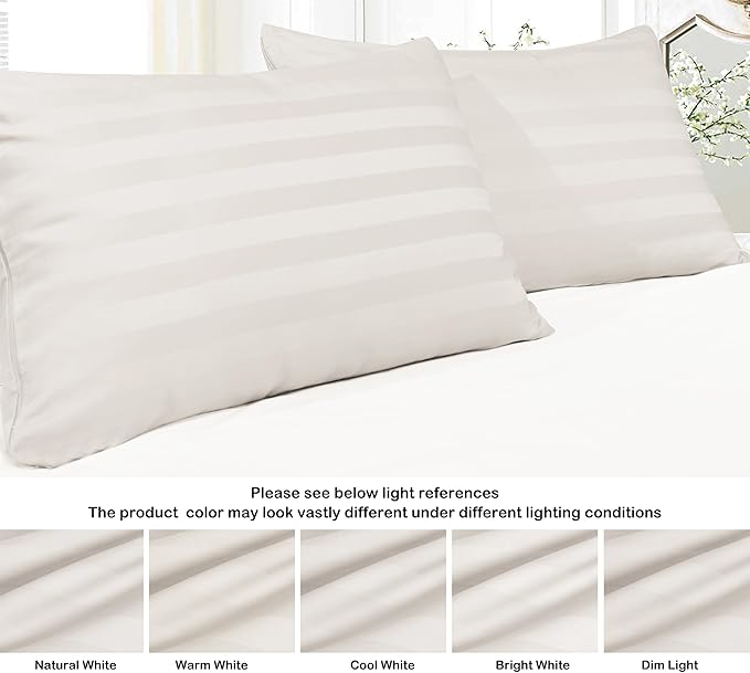 Pillow Protector Standard Size 100% Egyptian Cotton Pillow Covers, 400 Thread Count Sateen Weave Pillow Cases with Zipper Hidden, Breathable Non Noisy Easy Care, Set of 2 (Striped Light Beige)