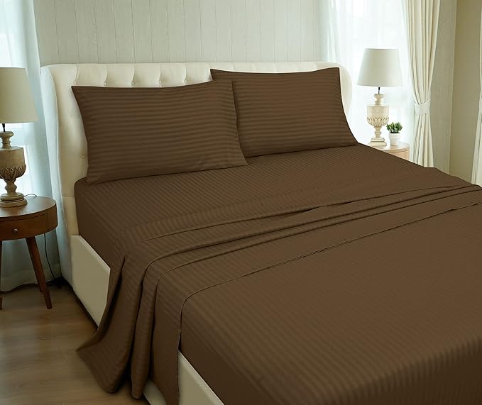 ROYALE LINENS 4 Piece Full Sheets Set - Soft Brushed Microfiber Bedding - 1 Fitted, 1 Flat Sheet, 2 Pillow Cases - Wrinkle Free & Fade Resistant - Hotel Luxury Bed Sheets (Stripe Chocolate, Full)