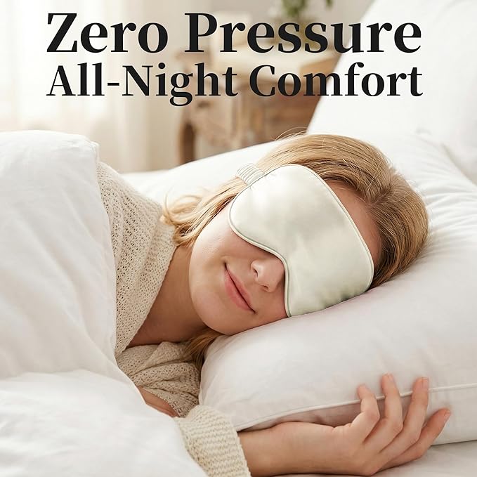 ZLYC 100% Mulberry Silk Sleep Mask Pressure-Free Eye Cover Soft Light Blocking Blindfold for Travel & Nap, Solid Cream White
