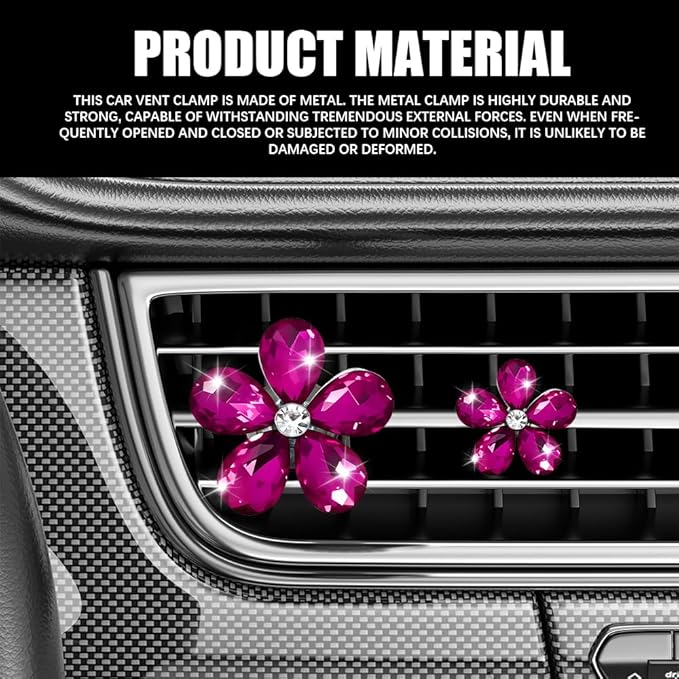 5PCS Bling Daisy Flower Car Air Vent Clips, Car Diffuser Vent Clip, Sparkling Crystal Rhinestone Cute Auto Air Conditioning Clamp, Diamond Air Outlet Clip Decor for Women Girls (Rose Red)
