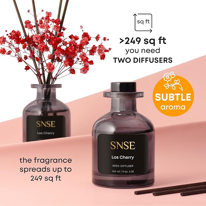 SNSE Los Cherry with Flowers Perfumed Reed Diffuser Set | 3.38 oz Scent Fragrance Oil Diffuser for Bedroom, Bathroom, Home Décor and Gift, Decorative Air Fresheners with Sticks