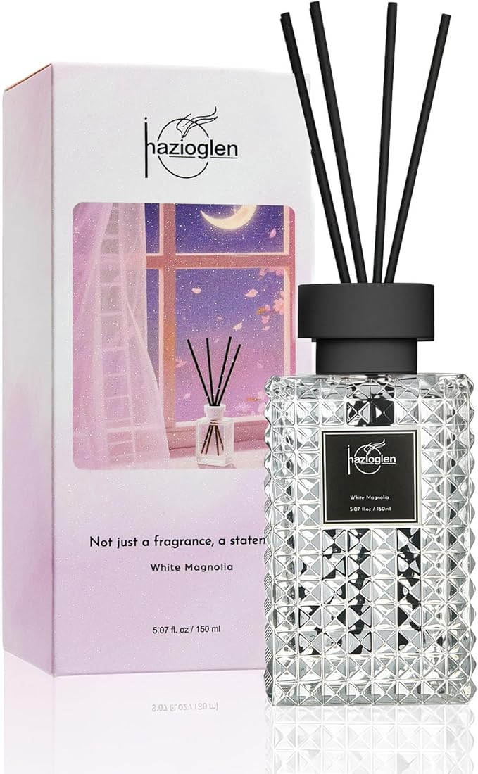 Reed Diffuser Set, White Magnolia Scented Home Fragrance Air Freshener for Bathroom Shelf Decor, 5.07 fl oz/150ml Essential Oil with Sticks