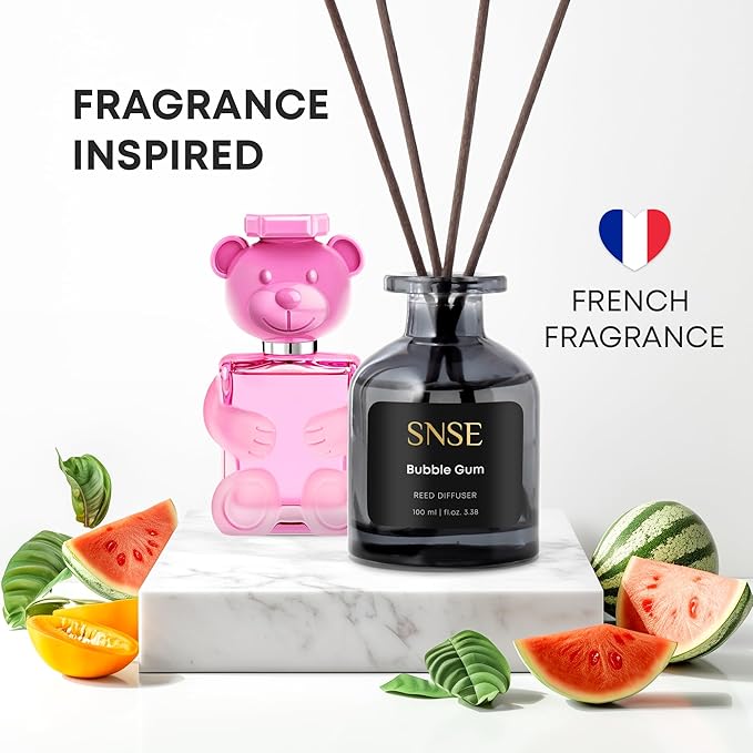 SNSE Bubble Gum Reed Diffuser Set | 3.38 oz Scent Fragrance Oil Diffuser for Bedroom, Bathroom, Home Décor and Gift, Decorative Air Fresheners with Sticks