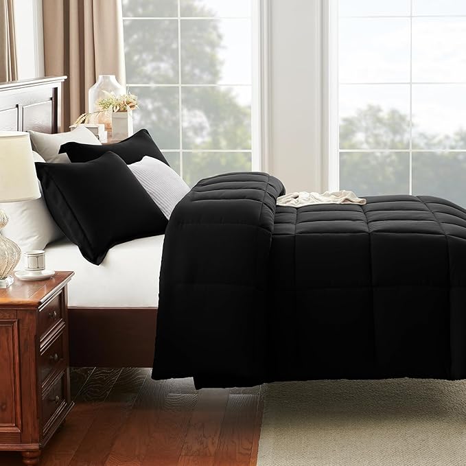 CozyLux Oversized Queen Comforter Set, 3 Pieces Black 98x98 Box Stitched Design Soft Bedding Set, All Season Lightweight Breathable Bed Set with 1 Down Alternative Comforter and 2 Pillow Shams