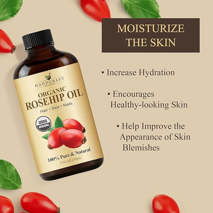 Handcraft Blends Cold-Pressed Organic Rosehip Oil | 1 Fl Oz | 100% Pure and Natural | Premium Grade Oil | Face, Skin and Hair | Protect | Nourish | Carrier Oil