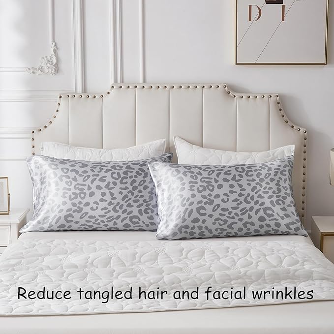 Satin Pillowcase for Hair and Skin, Similar to Silk Pillow Cases Queen Size Pack of 2 Satin Pillow Cases with Envelope Closure, Gift for Girls Women(20"x30", Leopard, Silver)