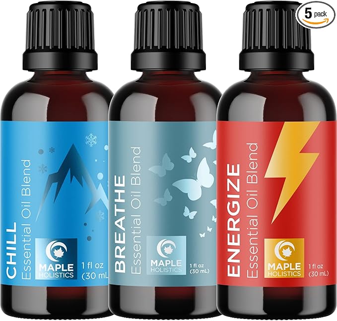 Maple Holistics Essential Oil Set - Breathe Chill and Energize Essential Oil Blends for Diffuser Aromatherapy and Baths - Relaxing Essential Oils for Diffusers for Home