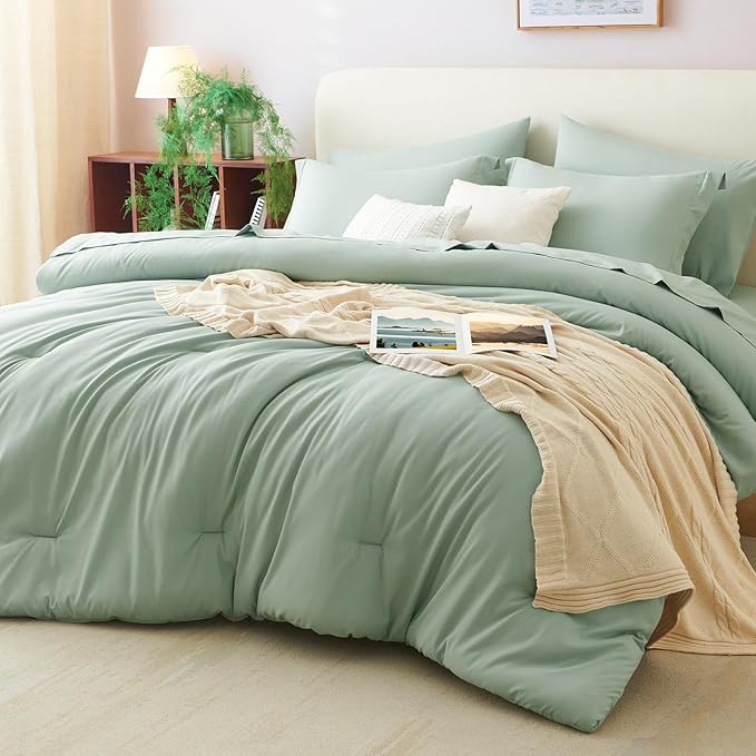 CozyLux Oversized King Comforter Set Sage Green, 7 Pieces Bed in a Bag Comforter Set with Sheets, Soft Bedding Sets with Down Alternative Comforter, Fitted Sheet, Flat Sheet, Pillowcases and Shams
