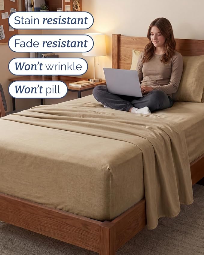 Extra Deep Twin XL Sheet Set - 3 Piece Breathable & Cooling Bed Sheets - Easily Fits 18 to 24 inch Mattress - Soft, Wrinkle & Fade Free with Extra Deep Pockets - Hotel Luxury Bedding - Heathered Tan