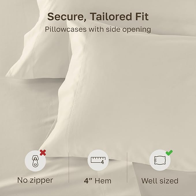 Luxuriously Soft Premium 600 Thread Count, 100% Cotton Set of 2 Cases, Crisp King Size Pillow Case Set of 2, Fits King Pillows - Cream (Warm Ivory)