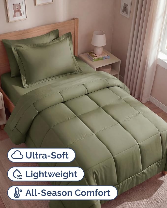 Twin Comforter Set - 5 Piece Bed in a Bag Twin Size Bed Set - Down Alternative Comforter, Flat Sheet, Fitted Sheet, Pillowcase & Sham for All Seasons - Ultra Soft, Comfy and Breathable - Sage Green