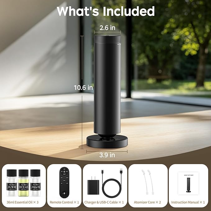 Waterless Scent Diffuser Kit with Lights -Max 2000 Sq Ft Coverage, Essential Oil Diffuser for Home,Hotels,Offices,Spas,Aromatherapy Diffuser Large Room, Included 106ml Scent Oils, Black, 10.6In