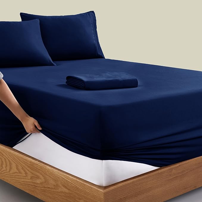 Manyshofu Extra Deep Pocket Full Size Sheets Set - Hotel Luxury 1800 Thread Count Sheets & Pillowcases - Kids Bedding Set up to 24" Mattress - Navy Blue Bed Sheets 18-24 Inch Deep Pockets - 4 Piece