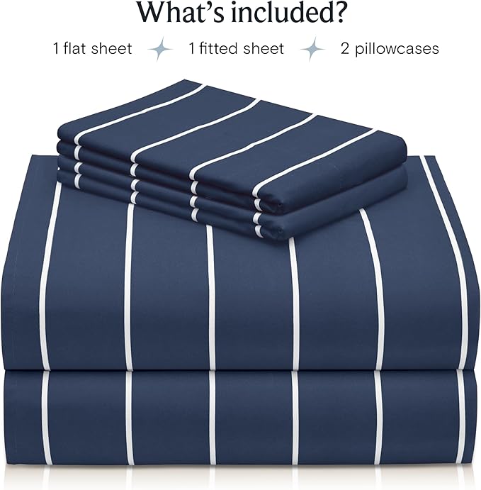LuxClub 4 PC Full Size Sheet Set, Breathable Luxury Bed Sheets, Deep Pockets 18" Wrinkle Free Cooling Machine Washable Hotel Bedding (Striped Navy)