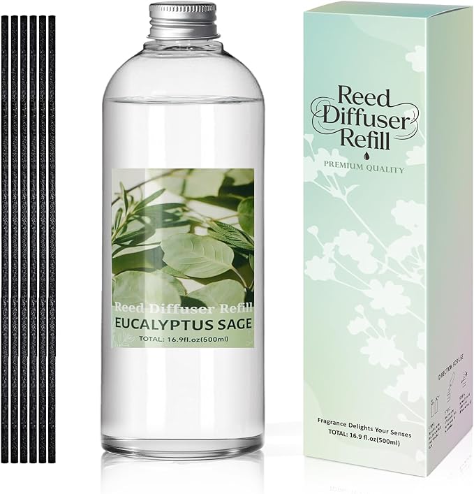 STRN Reed Diffuser Refill, Eucalyptus and Sage Scent Diffuser 500ml | 16.9 oz with 6 Reed Sticks, Room Fresheners for Home, Long-Lasting Fragrance for Living Room, Bedroom, Office