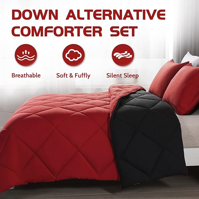 Decroom Lightweight King Comforter Set with 2 Pillow Sham - 3 Pieces Set - Quilted Down Alternative Comforter/Duvet Insert for All Season - Red/Black - King Size