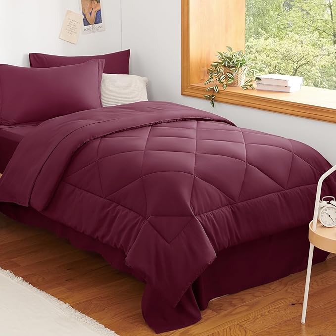 CozyLux Twin XL Comforter Set Burgundy - 5 Pieces Twin Extra Long Bed in a Bag for College Dorm, All Season Bedding Set for Girls and Boys, Soft Bed Set with Comforter, Sheets, Pillowcase & Sham