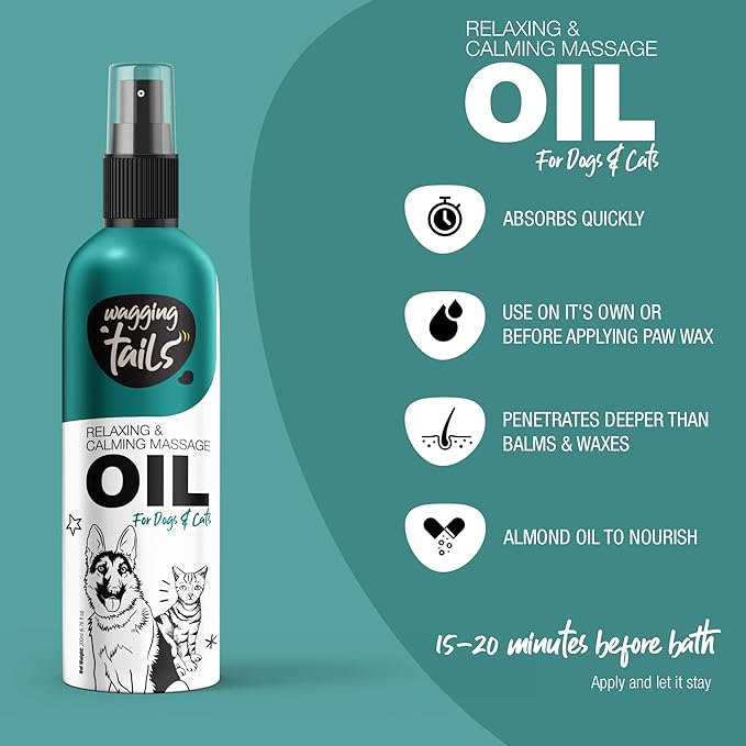 Wagging Tails Relaxing & Calming Massage Oil for Dogs and Cats | Pure Essential Oil Blend with Lavender & Almond Oil | Nourishing Skin & Shiny Coat, Promotes Relaxation for Pets 6.76 fl oz