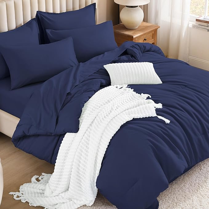 Litanika California King Comforter Set Navy Blue - 7 Pieces Bed in a Bag Cal King Bedding Comforter Sets, Plain Lightweight Bed Set with Comforter, Sheets, Pillowcases & Shams