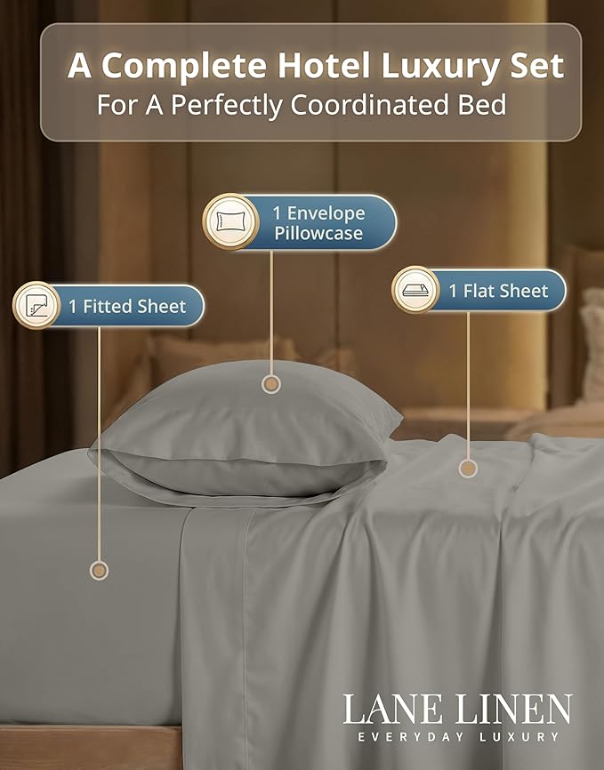LANE LINEN Twin XL Sheets Set - 600 Thread Count Sateen Weave for Hotel Quality Softness - Extra Soft & Breathable 100% Cotton Sheets for a Luxury Experience - Fits Mattresses Upto 15'' Deep - Silver