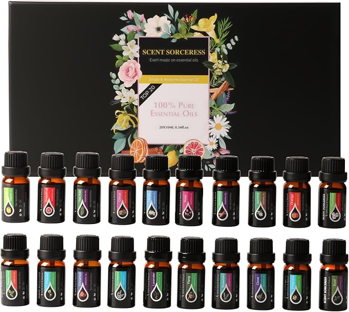 Essential Oils Set, 20 x 10ML Essential Oil Gift for Diffuser, Massage, Humidifiers, Sleep, Refreshing, Cars & Home Products, Eucalyptus, Lavender, Peppermint, Tea Tree More Aromatherapy Oil