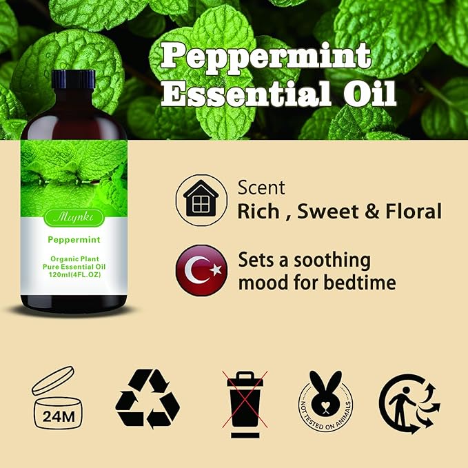 Peppermint Essential Oil – MLYNKL Peppermint Oils 4.33 fl oz for Diffusers, Humidifiers, Massage, DIY Candles, Soap, Cleaning, Home, Yoga, Office, Gifts - 130 ml