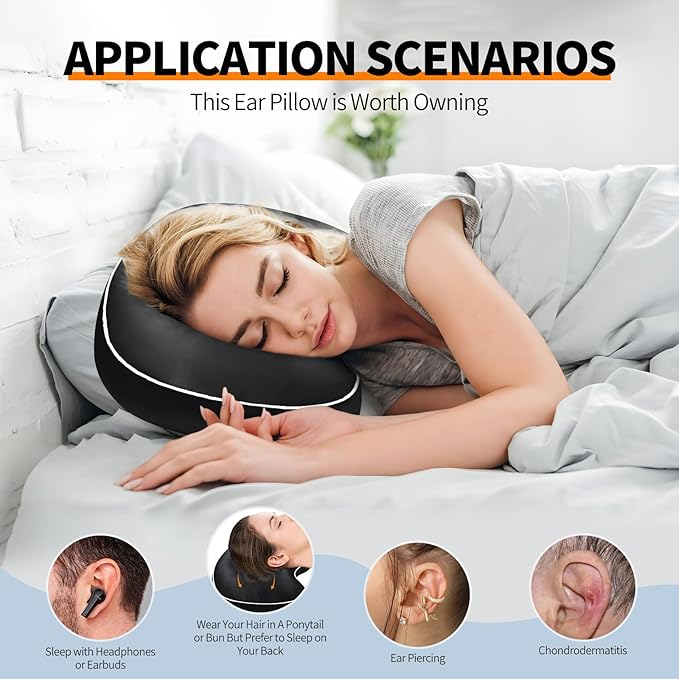 Ear Piercing Pillow with Hole for Side Sleepers for CNH and Ear Pain Inflammation Pressure Sores, Cotton and Polyester Adjustable Filling and Washable Ear Guard Pillow (Light Black Silk)
