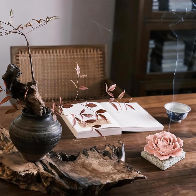 Ceramic Passive Essential Oil Diffuser, Aesthetic Desktop Handmade Flower & Concrete Base, Porcelain Aromatherapy Oils Diffuser for Home, Office, Yoga, Spa Room (Pink Peony)