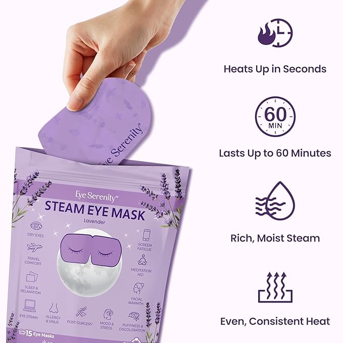Lure Essentials Steam Eye Mask, Heated Eye Mask, Self Heating Warm Compress for Dry Eyes, Fast Relief for Stye, Puffy Sensitive Eyes, Moist Heat, Relaxation Gifts for Women and Men - Lavender