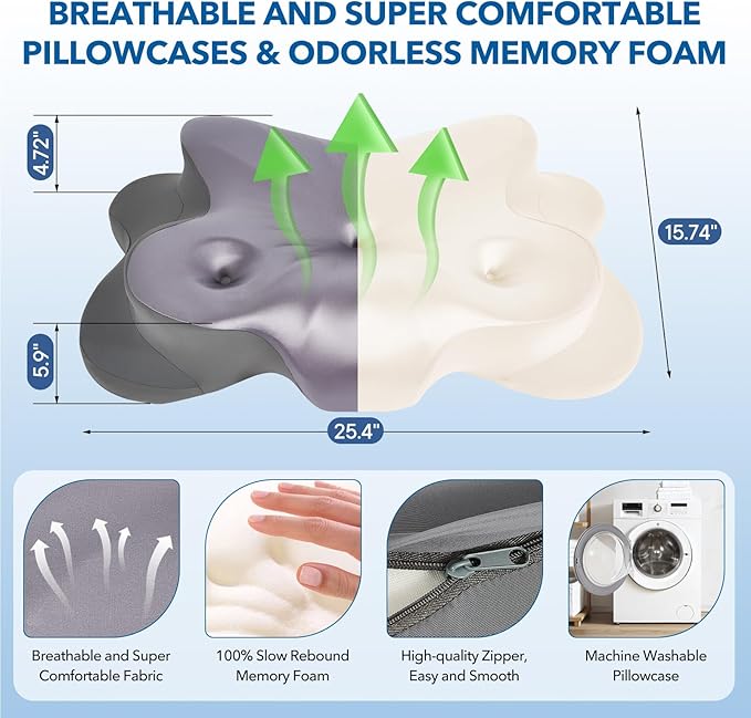 Cervical Pillow for Neck and Shoulder,Contour Memory Foam Pillow,Ergonomic Neck Support Pillow for Side Stomach Back Sleepers with Skin-Friendly Pillowcase