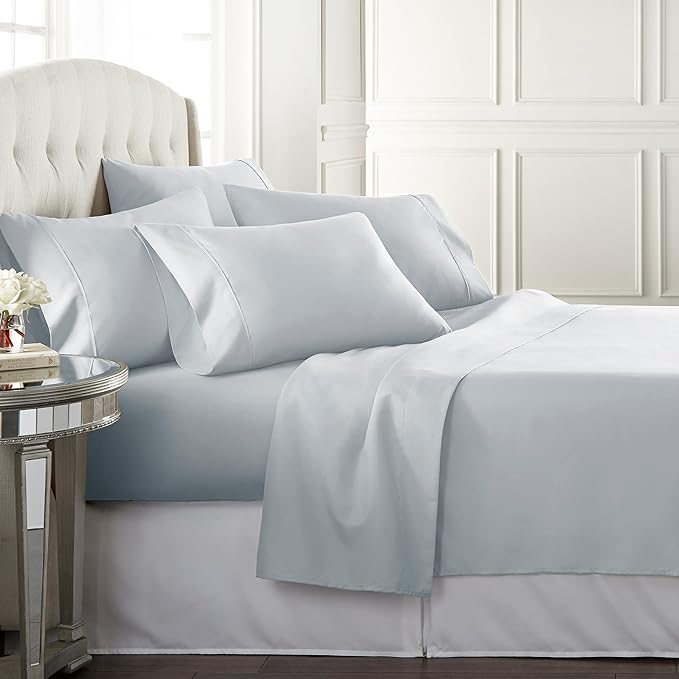 Danjor Linens Bed Sheet Set Cal King for Hot Sleepers, Hotel Premium Sheets with 4 Pillowcases, Lightweight Brushed Microfiber Deep Pockets, Breathable Cooling 6 Piece Bedding Sets, Ice Blue