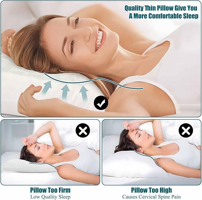 Ultra Flat Thin Pillows for Sleeping Standard Size Set of 2 Pack, 2-1/2" High Slim Bed Pillow for Back Stomach Sleepers Down Alternative Filling Hypoallergenic White 18x26 in