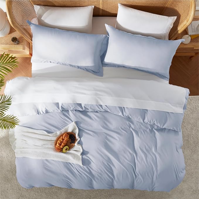 Nestl Queen Duvet Cover Set with Comforter Insert - Ice Blue 4 Piece 90x90 Duvet Cover & 2 Pillow Shams with White Quilted Down Alternative Comforter, Ultra Soft, All Season