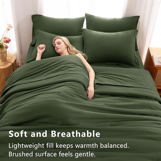 CozyLux Oversized Queen Comforter Set Olive Green, 7 Pieces Bed in a Bag Comforter Set with Sheets, Luxury Soft Bed Sets with Down Alternative Comforter, Fitted Sheet, Flat Sheet, Pillowcases & Shams