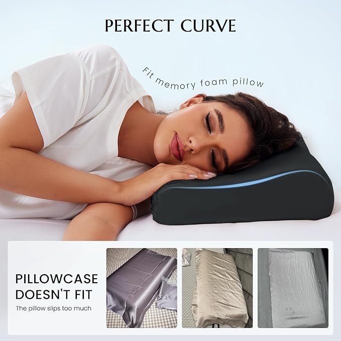THXSILK 19 Momme 100% Mulberry Silk Pillowcase for Contour Memory Foam Pillow, Contour Pillow Case Cover, Cervical Pillow Case, Pack of 1(Black, 21"x14.5"x4.9"/4.2")