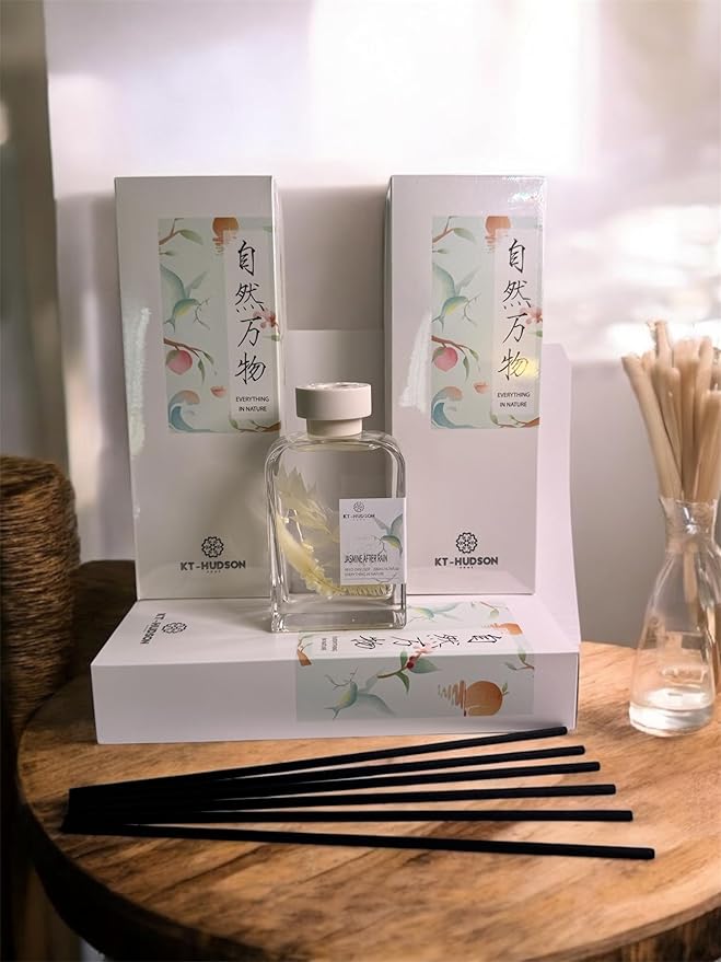 Luxury Reed Diffuser 6.8 fl (200ml) – Jasmine After Rain – Long-Lasting Scent with Dried Flowers | Elegant Gift for Home, Office, Bedroom | KT-Hudson Home Aroma Decor