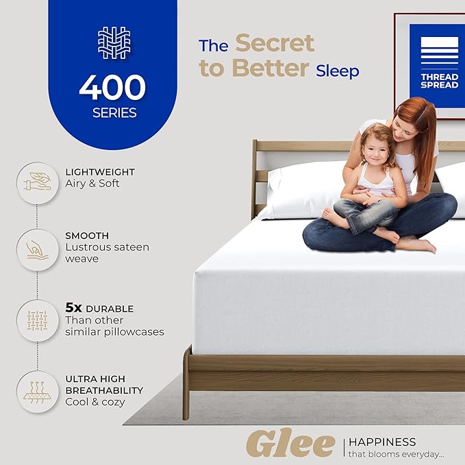 Thread Spread 100% Cotton King Size Pillow Cases Set of 2 - Luxury 400 Series Glee Collection Pillow Cases King Size (White), Soft Cooling Breathable & Durable Sateen Hotel Cotton Pillowcases