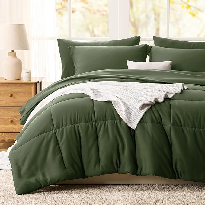 CozyLux Queen Comforter Set Olive Green - 7 Pieces Bed in a Bag Queen, All Season Breathable Bedding Sets,Oeko-Tex Certified Bed Set with Down Alternative Comforter, Sheets, Pillowcases & Pillow shams
