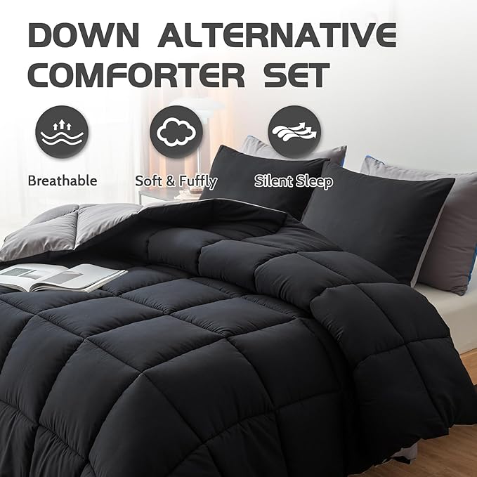 Decroom Lightweight King Comforter Set with 2 Pillow Sham - 3 Pieces Set - Quilted Down Alternative Comforter/Duvet Insert for All Season - Black/Grey - King Size