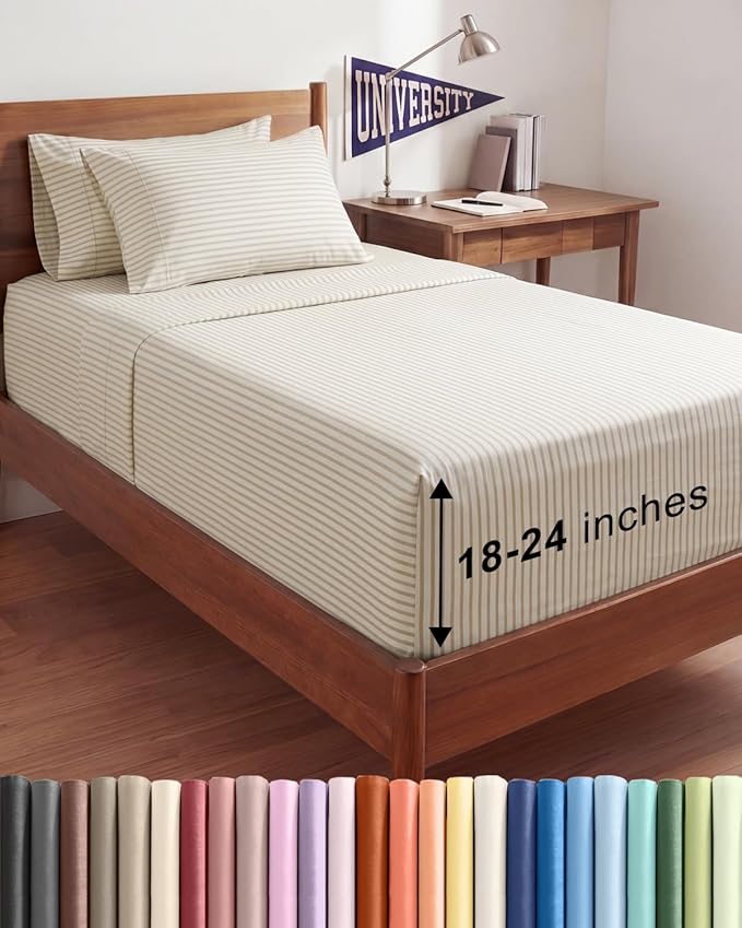 Extra Deep Twin XL Sheet Set - 4 Piece Breathable and Cooling Sheets - Hotel Luxury Bedding for Women, Men, Kids & Teens - Easy Secure Fit - Soft & Wrinkle Free - Extra Deep Pockets - Beige Stripes
