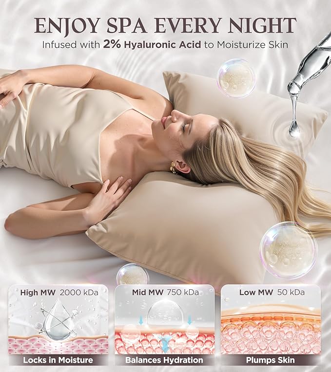 Instant Chill Cooling Pillowcase for Hot Sleepers, 2% HA Infused Pillowcase Hydrates Skin & Hair, Reduces Wrinkles & Frizz, Softer Than Silk Pillow Cases, Pillow Covers Standard (Beige, 1 Pack)